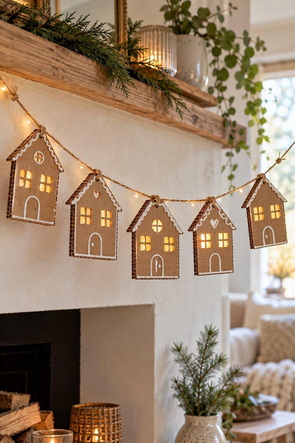 Guirlande lumineuse de maisons en carton brun aux bordures blanches