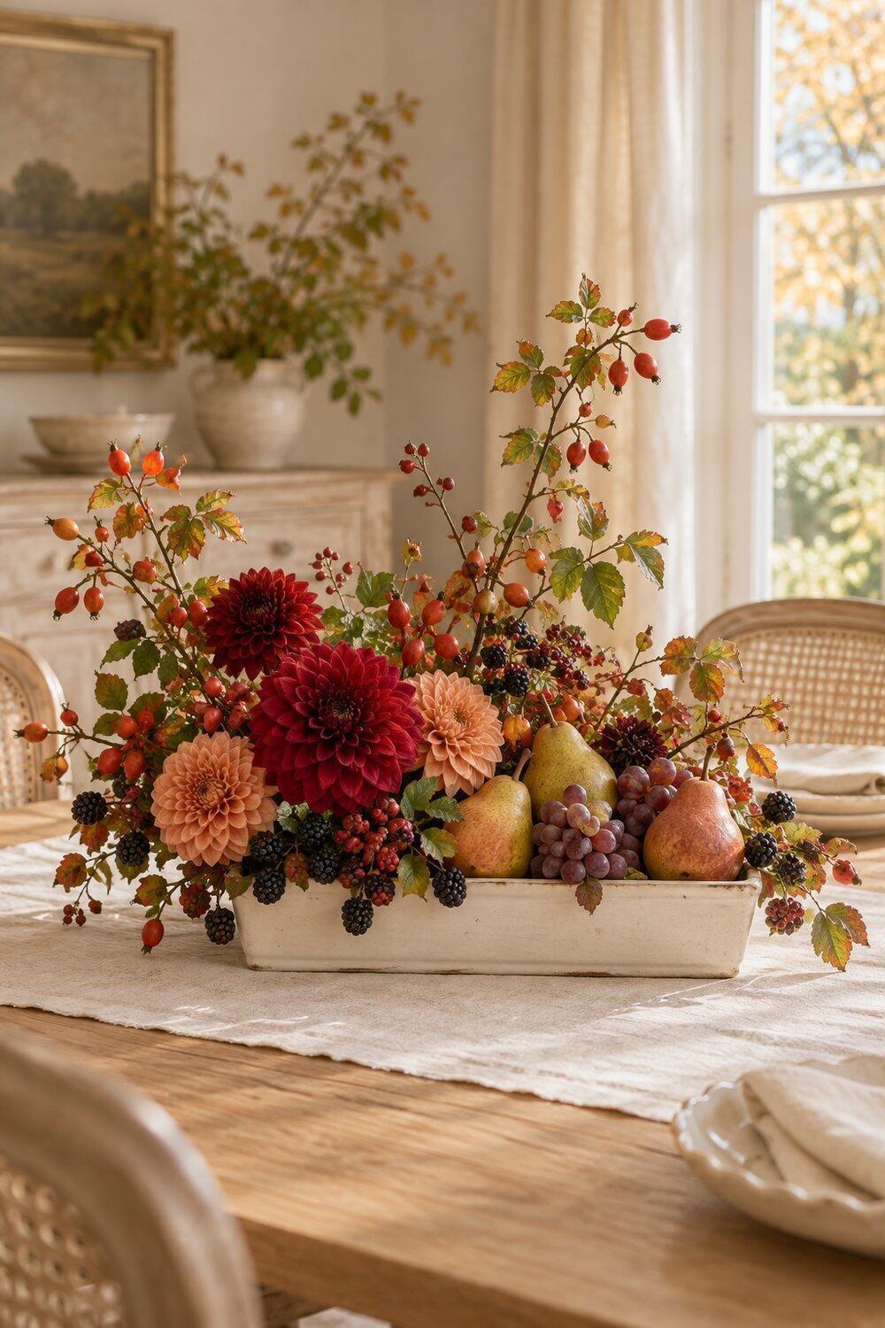 Décoration d’automne inspirée par la nature Poires, raisin et mûres entourés de dahlias dans une jardinière rectangulaire claire