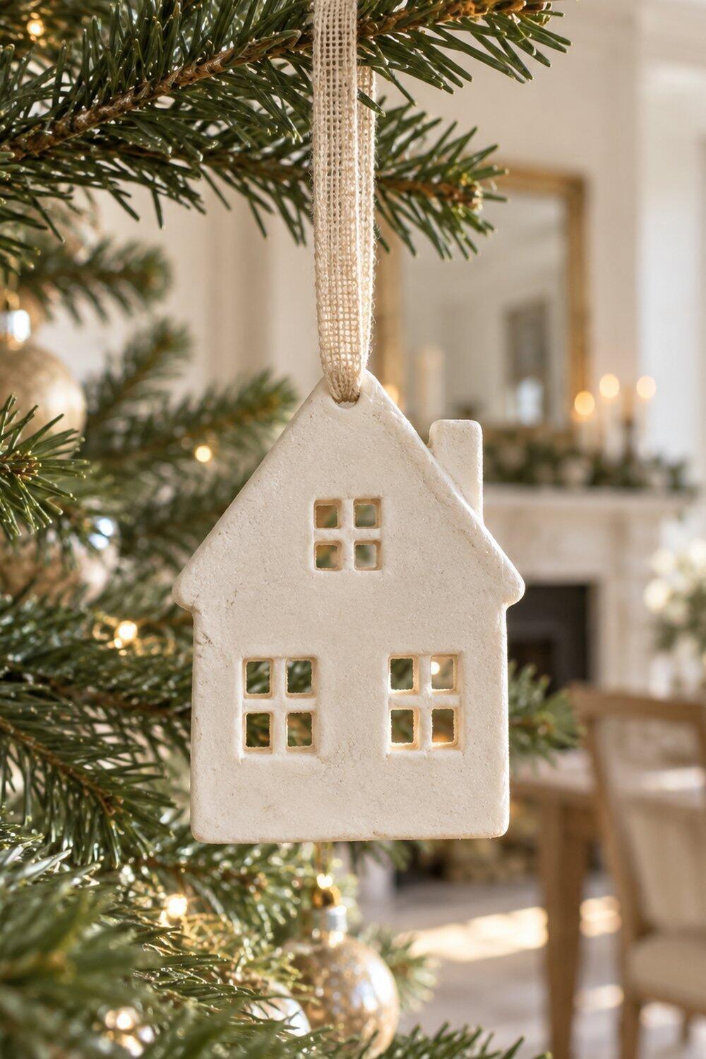 Maison blanche &agrave; fen&ecirc;tres marqu&eacute;es en p&acirc;te au bicarbonate suspendue au sapin