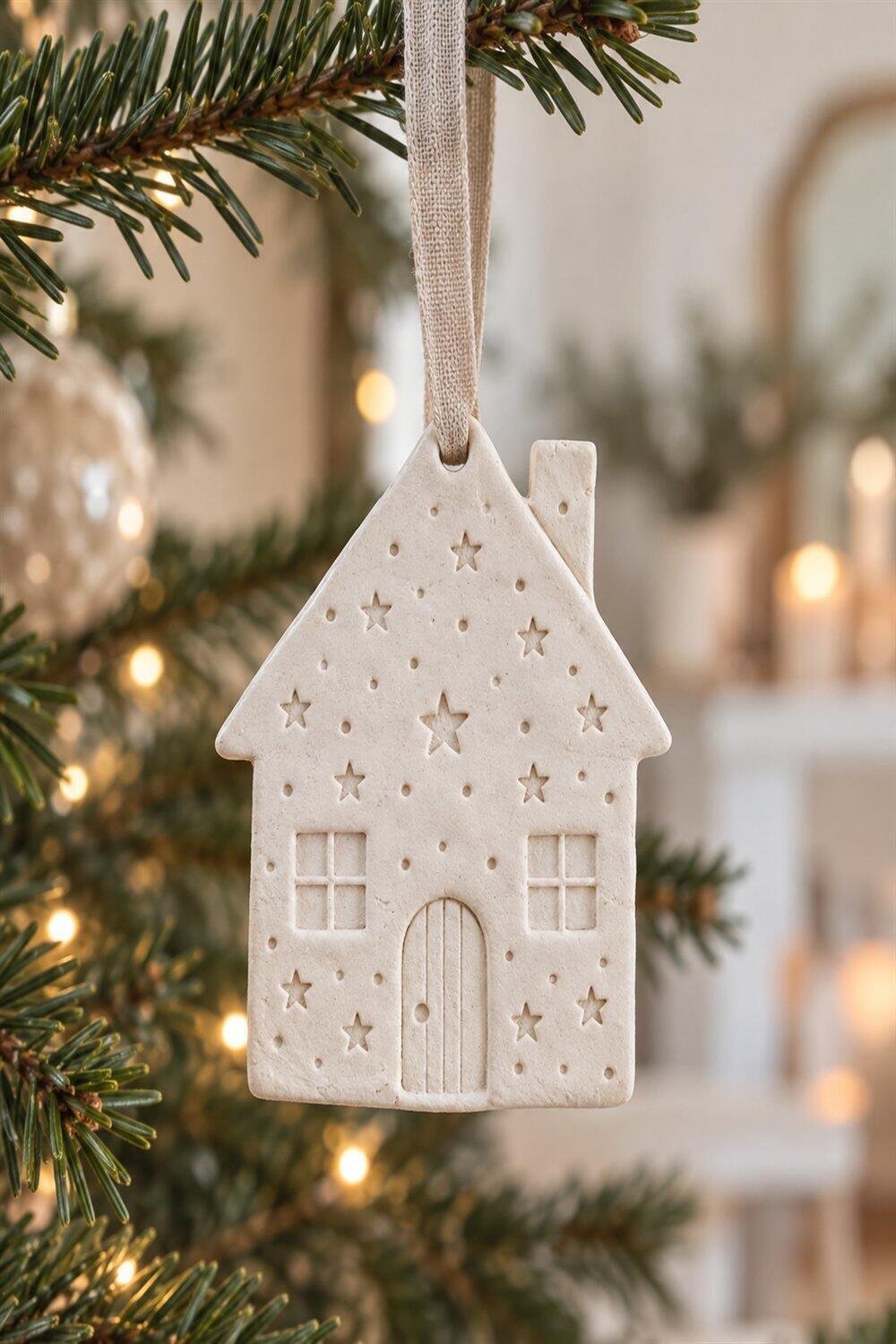 Petite maison blanche en argile tamponn&eacute;e avec ruban sur une branche