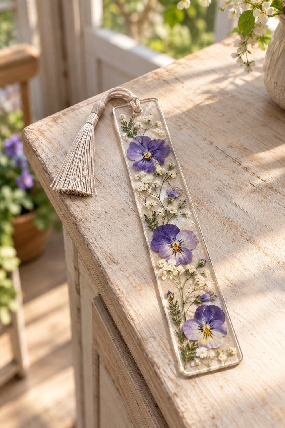 Marque-page transparent garni de petites fleurs press&eacute;es et termin&eacute; par un ruban