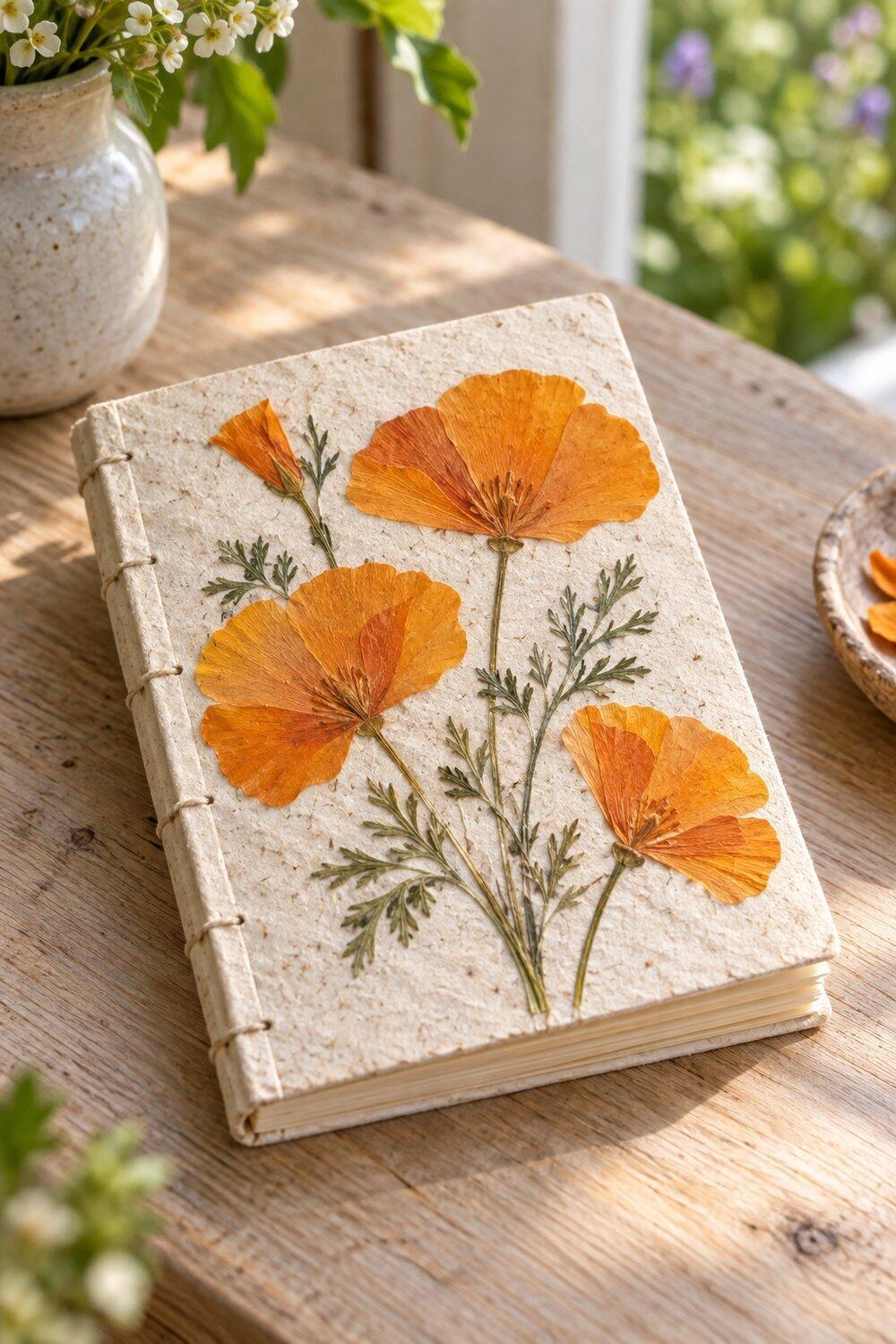 Mini-carnet d&eacute;coup&eacute; autour de pavots de Californie press&eacute;s sur sa couverture