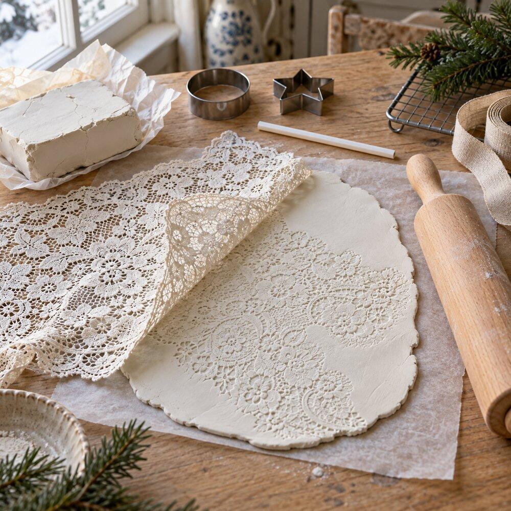 Argile blanche &eacute;tal&eacute;e avec dentelle press&eacute;e pour imprimer son motif