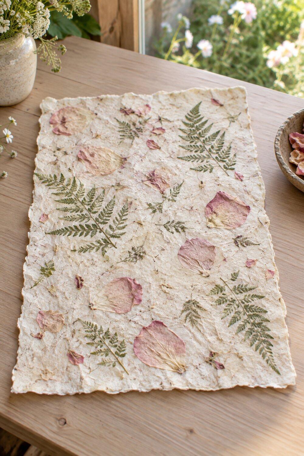 Feuille de papier recycl&eacute; incrust&eacute;e de p&eacute;tales roses et petites foug&egrave;res