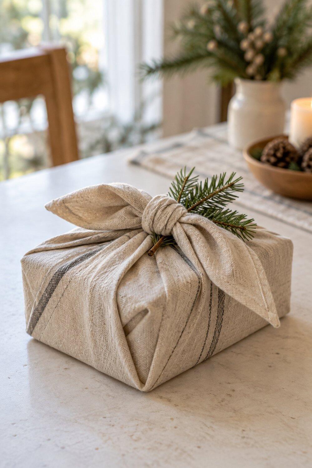 Paquet cadeau envelopp&eacute; dans du tissu r&eacute;cup&eacute;r&eacute; avec n&oelig;ud et branchage