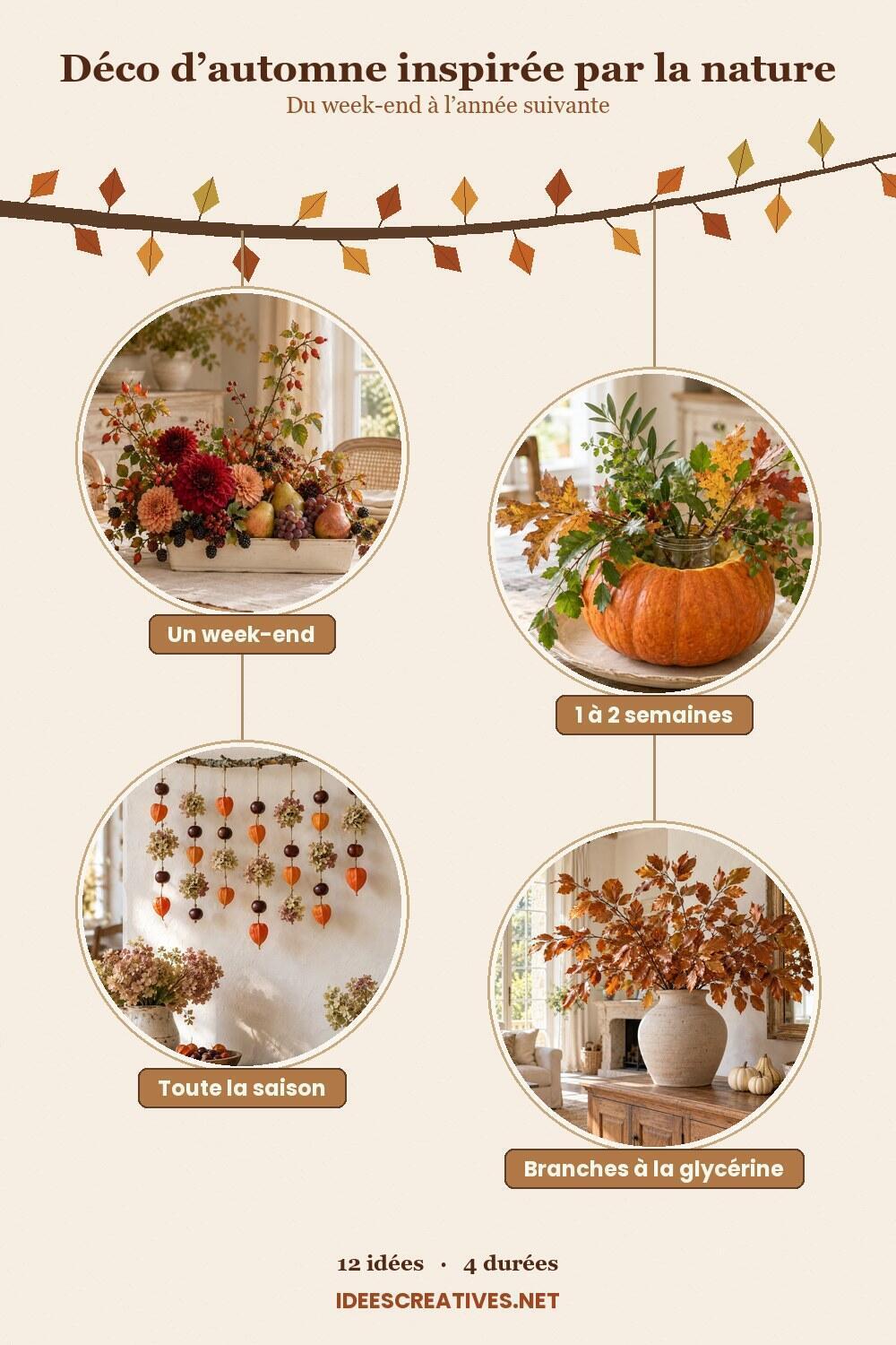Décoration d’automne inspirée par la nature Épingle déco d’automne nature : quatre créations suspendues à une branche, du week-end à l’année suivante