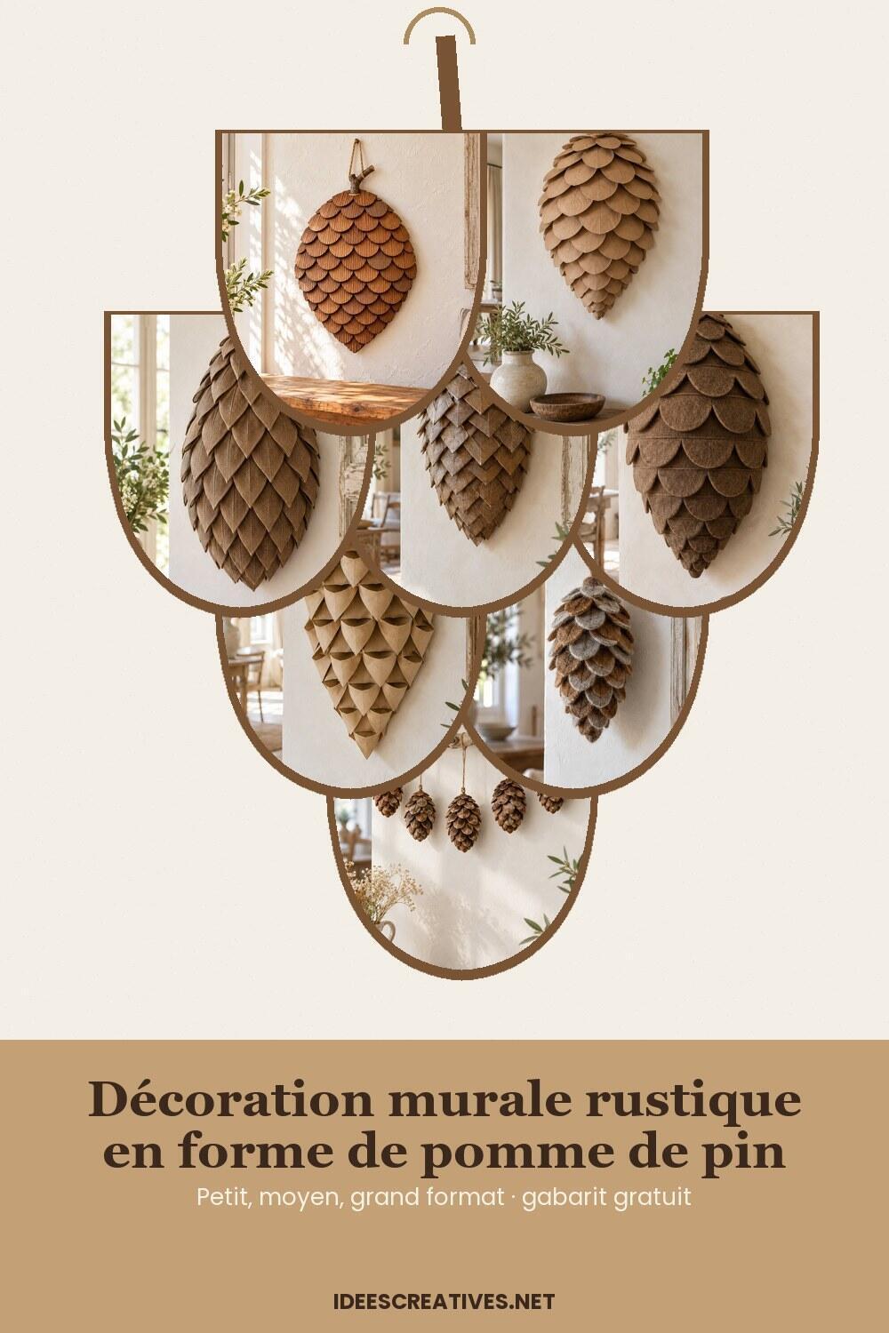 Pin de d&eacute;coration murale en forme de pomme de pin : &eacute;cailles de carton, kraft, ruban, feutrine et vraies &eacute;cailles