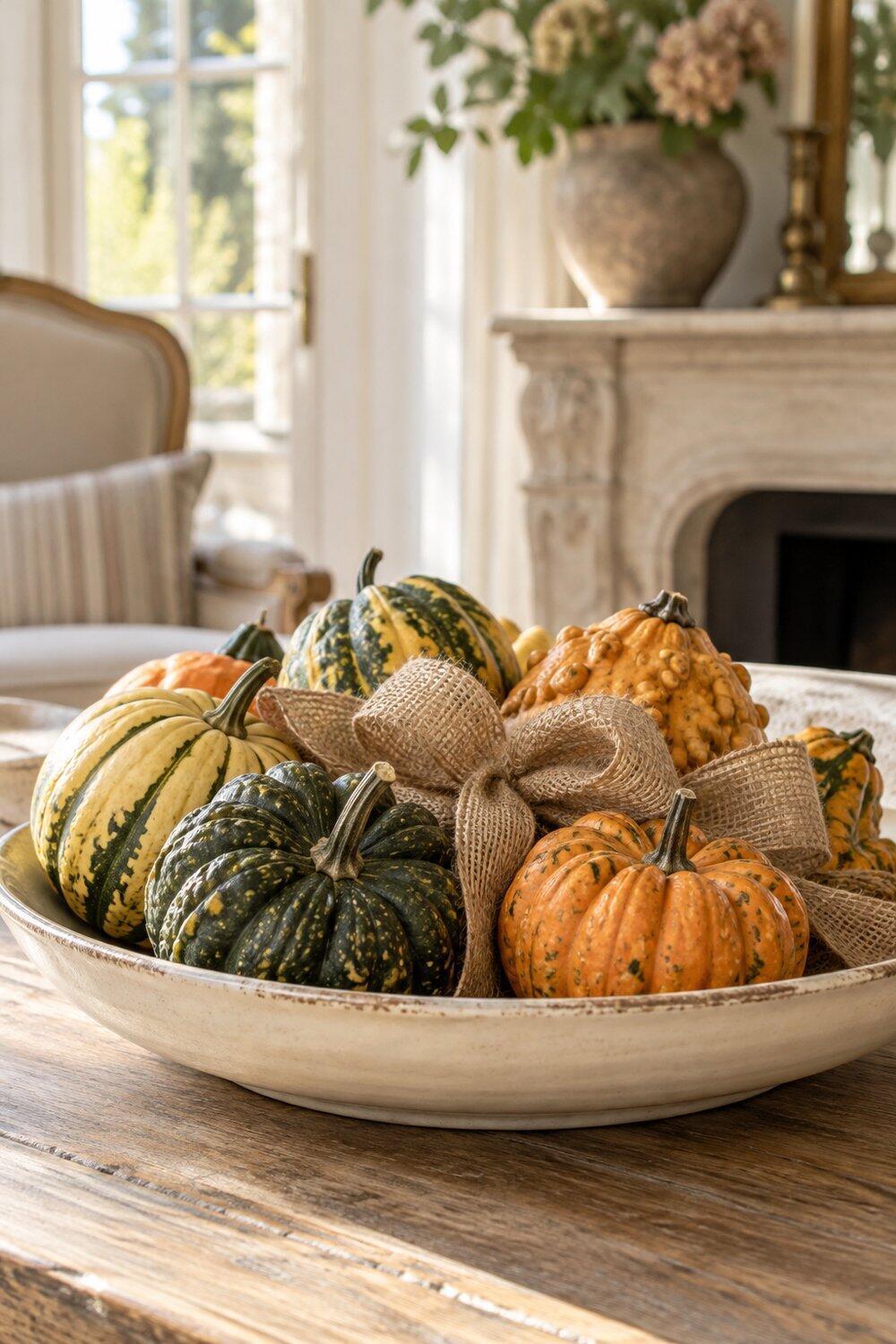 Décoration d’automne inspirée par la nature Coloquintes rayées sur un plat clair avec un nœud de ruban armé