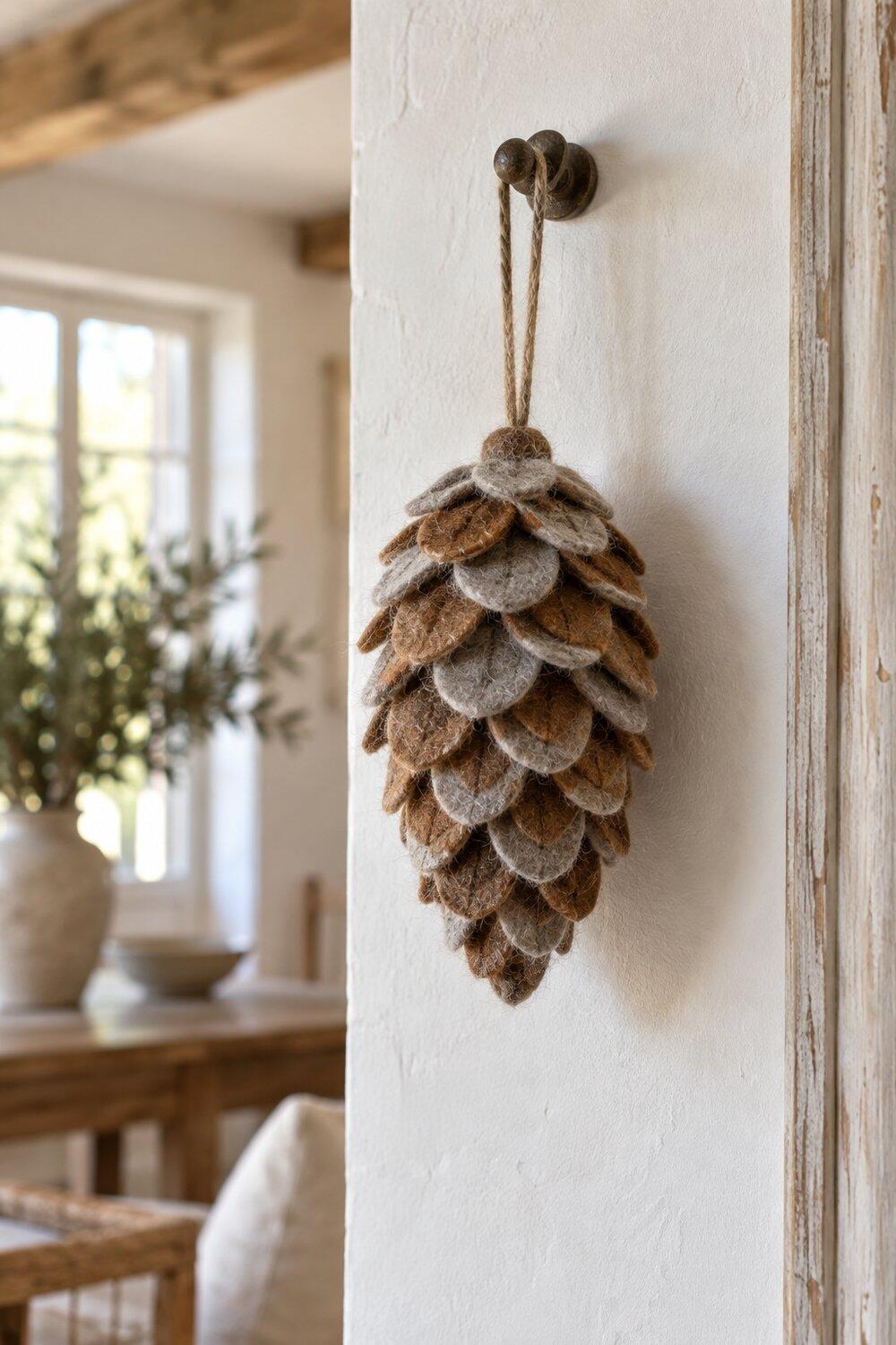 Pomme de pin en feutrine bicolore aux &eacute;cailles souples sur mur blanc