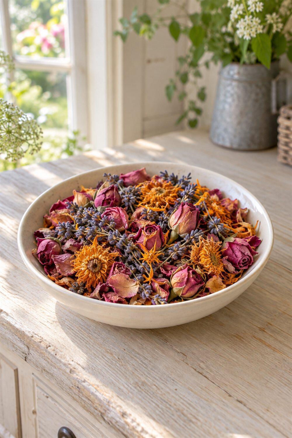 Bol de pot-pourri r&eacute;unissant p&eacute;tales de roses lavande et fleurs de calendula