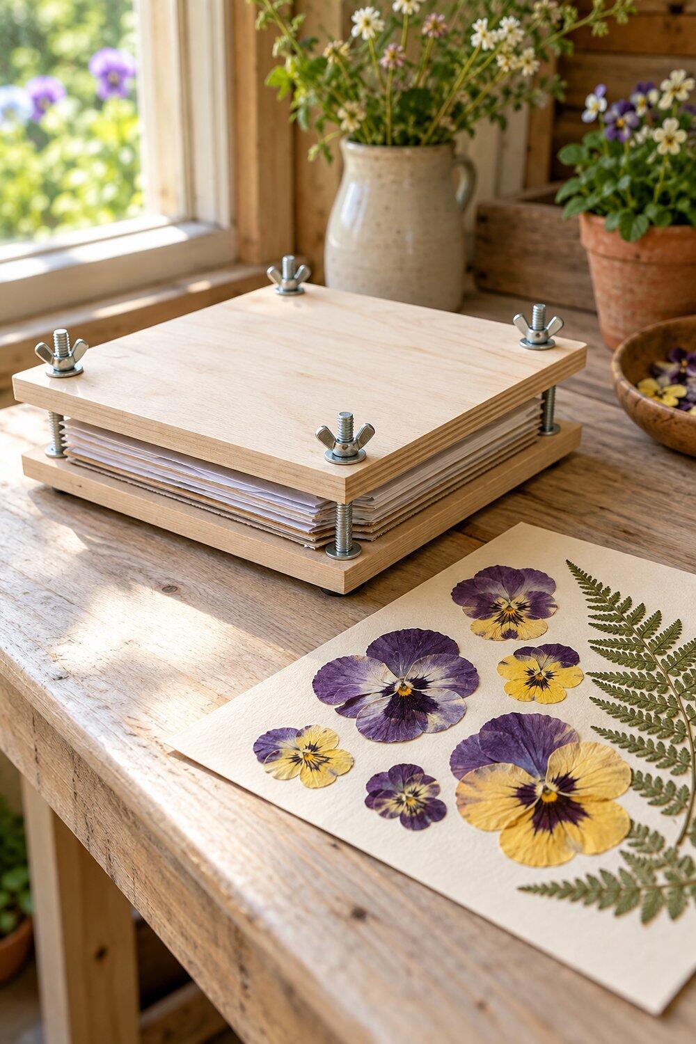Presse en bois ouverte avec pens&eacute;es violettes et foug&egrave;res parfaitement aplaties