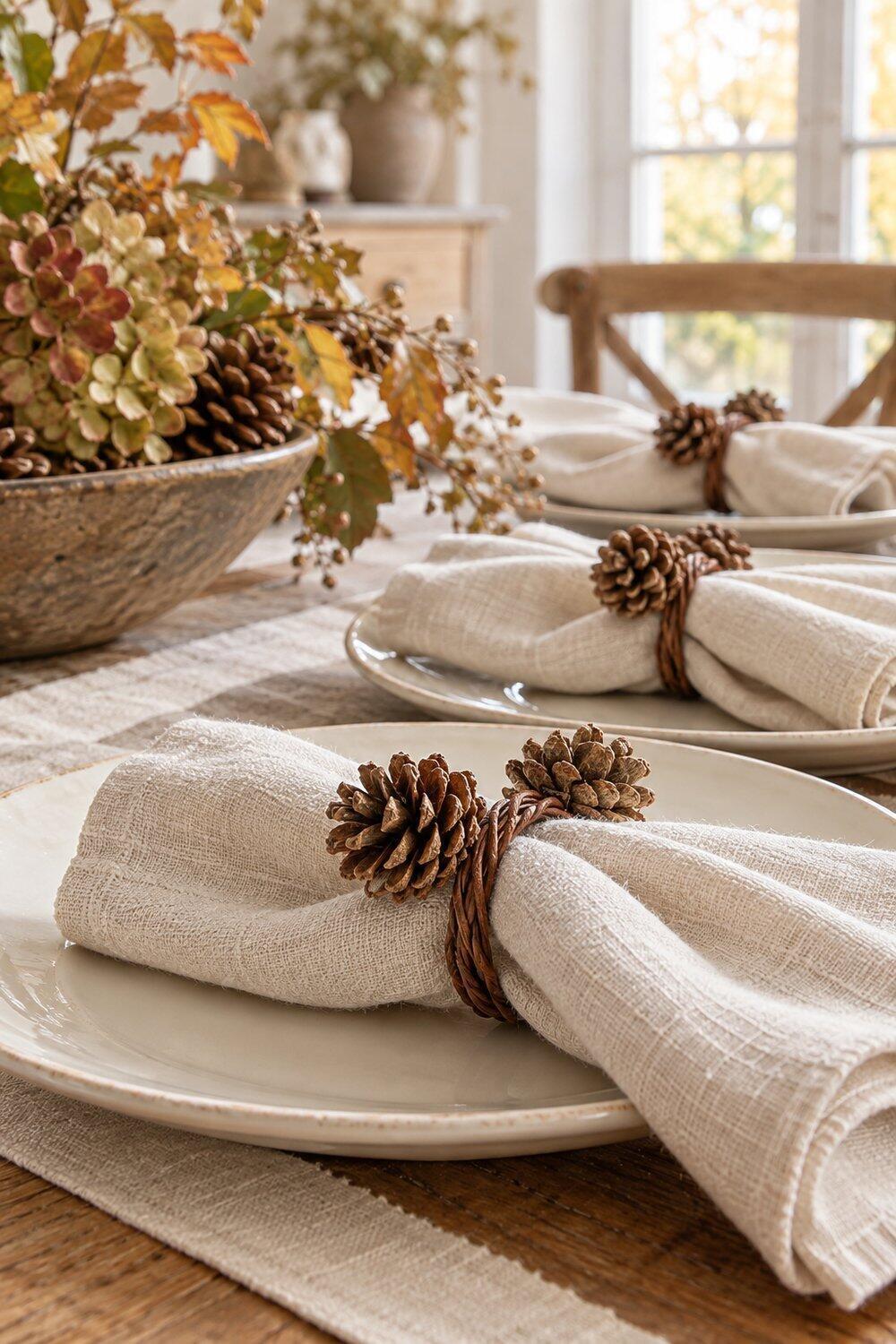 Décoration d’automne inspirée par la nature Petites pommes de pin fixées sur des boucles autour de serviettes écrues