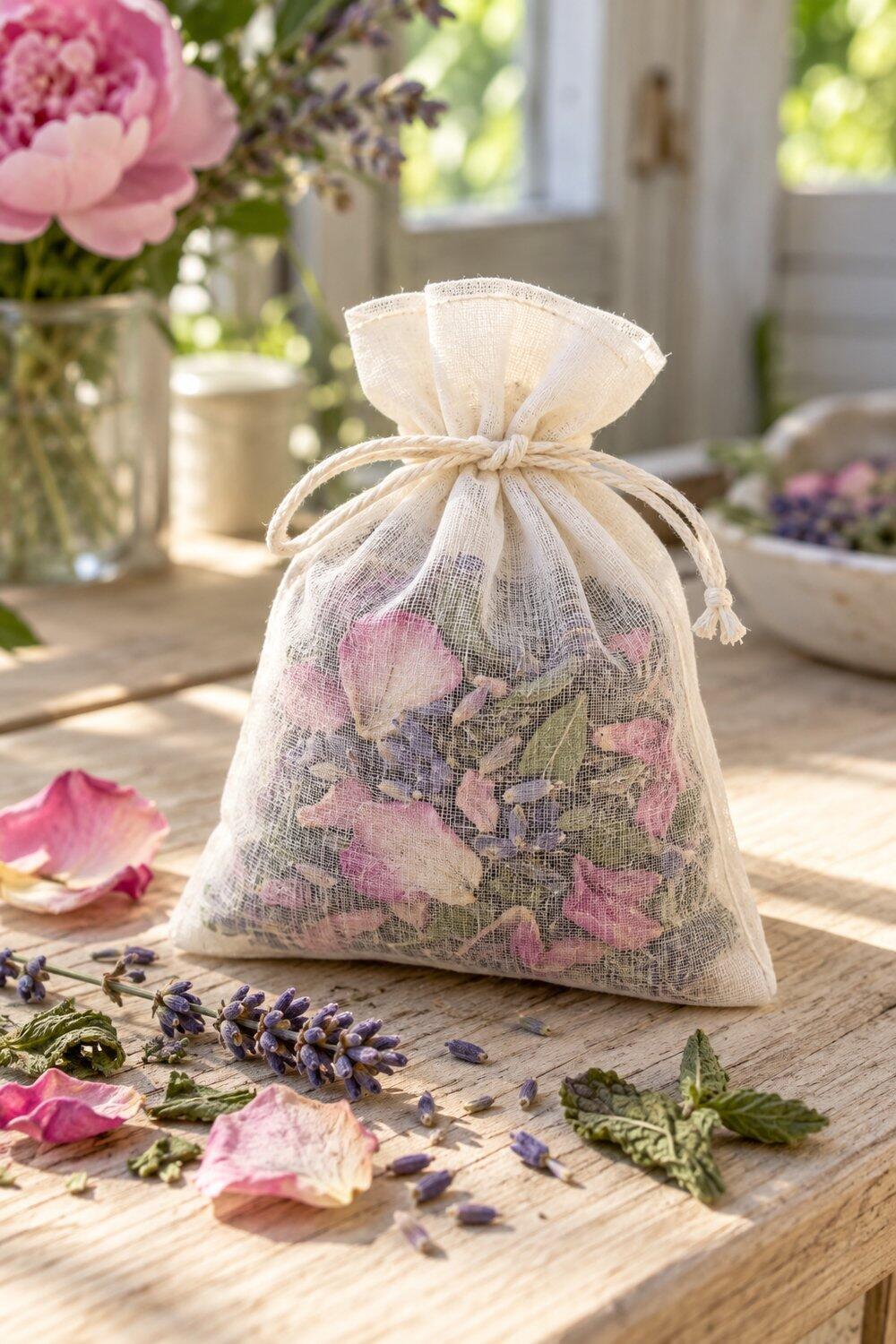 Sachet de tulle rempli de pivoines s&eacute;ch&eacute;es de lavande et de menthe