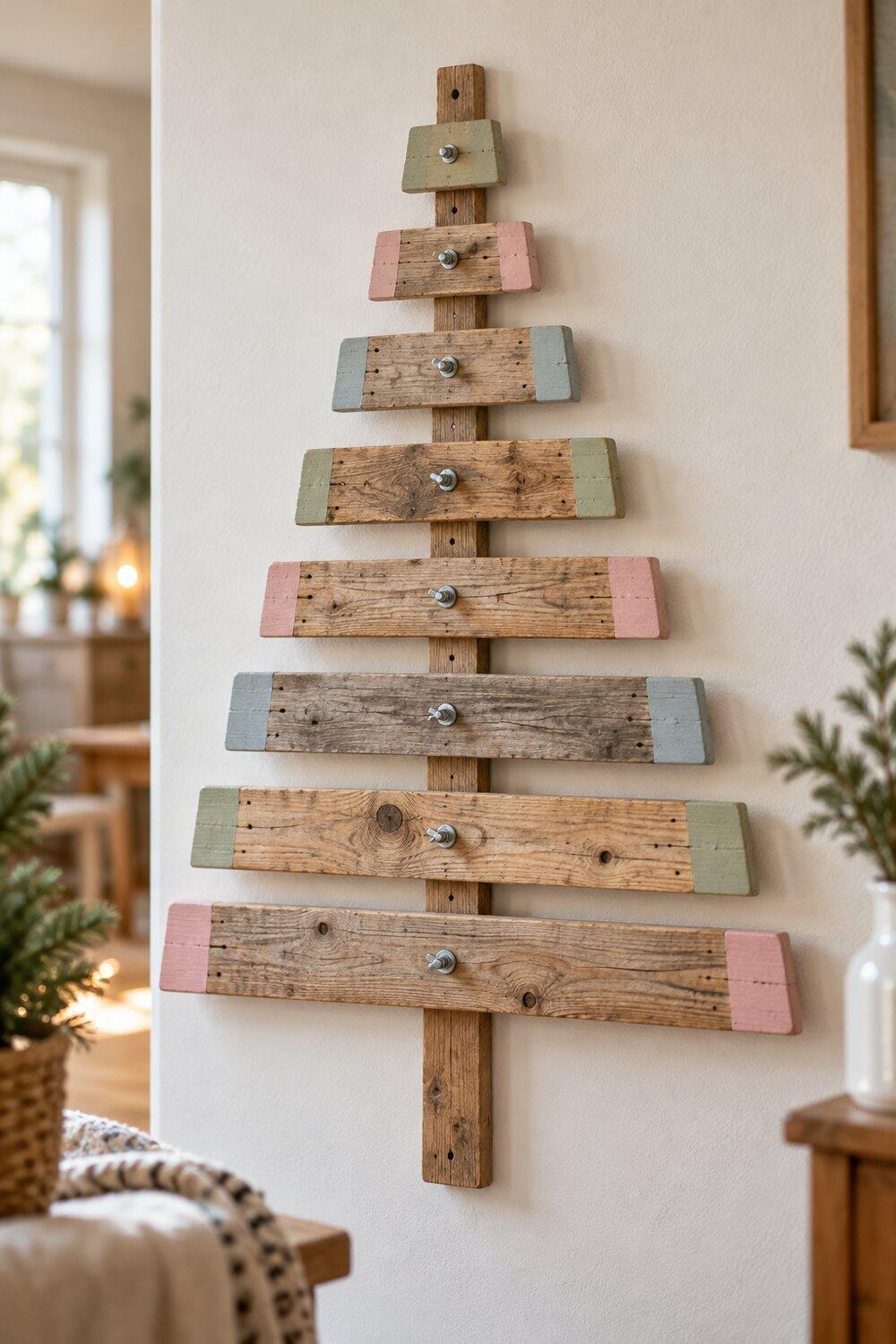 Sapin mural en lattes de cagette avec branches articul&eacute;es et bouts peints