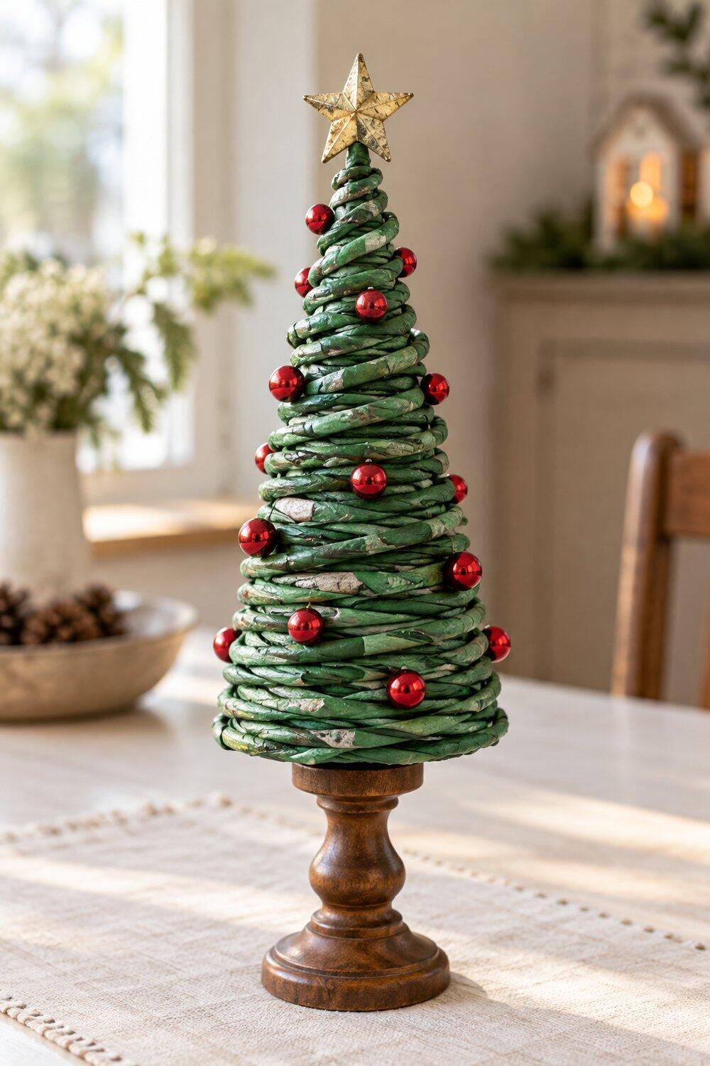 Sapin de No&euml;l spiral&eacute; en papier journal peint avec petites boules rouges