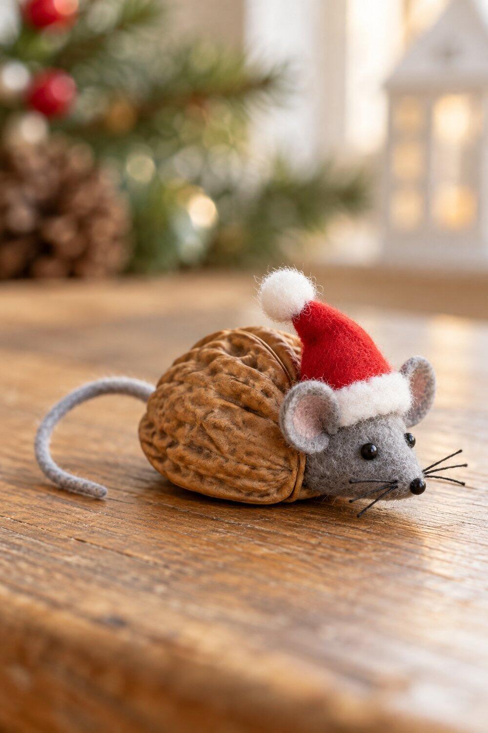 Souris de No&euml;l en coquille de noix avec bonnet rouge et oreilles grises