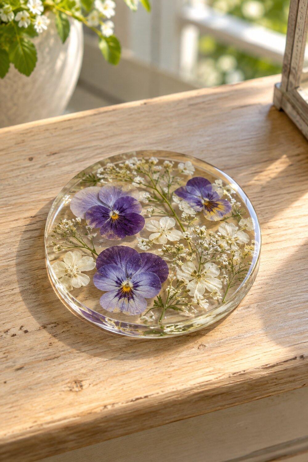 Sous-verre transparent en r&eacute;sine contenant des petites fleurs du jardin press&eacute;es