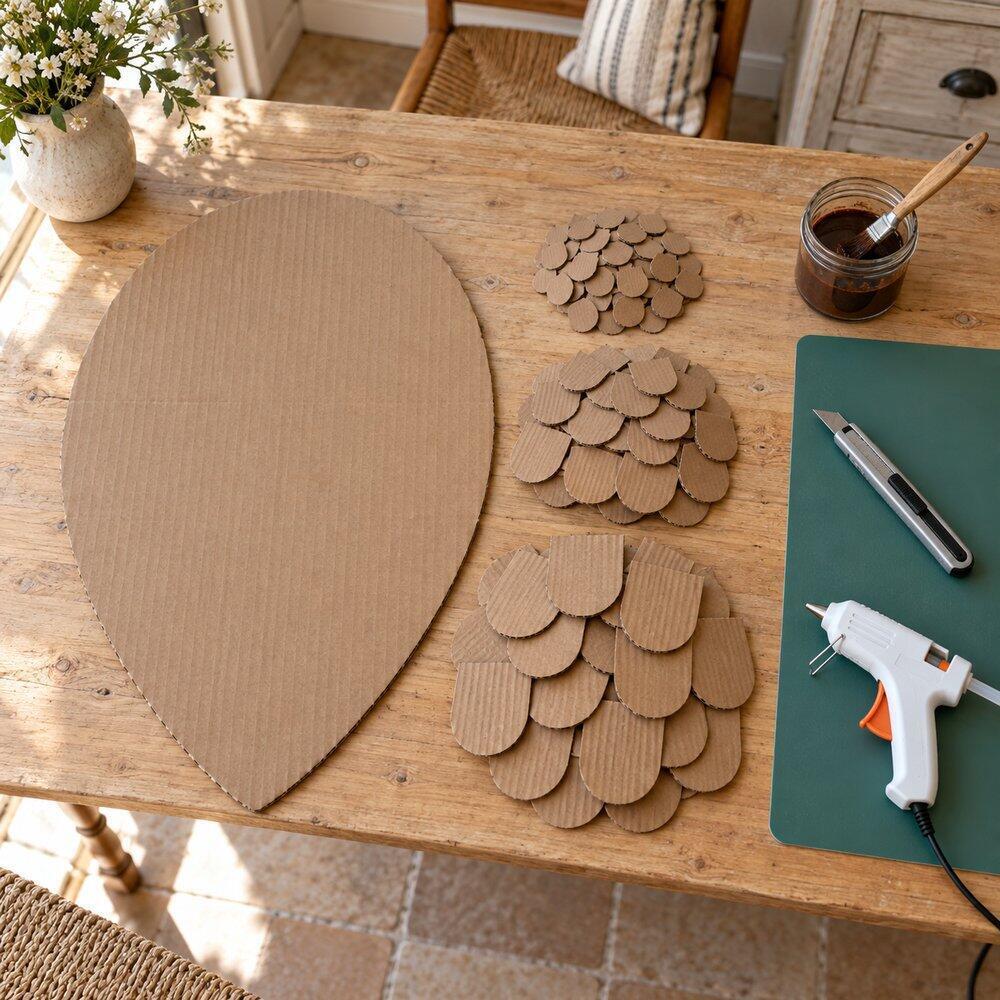 Base en carton et &eacute;cailles d&eacute;coup&eacute;es tri&eacute;es par taille sur une table