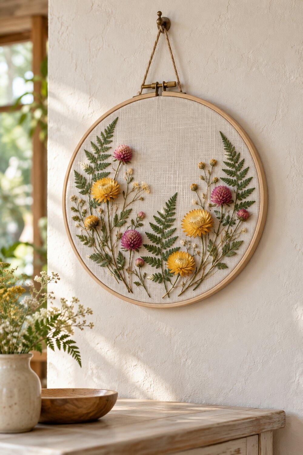 Tambour &agrave; broder orn&eacute; de foug&egrave;res press&eacute;es et de fleurs immortelles