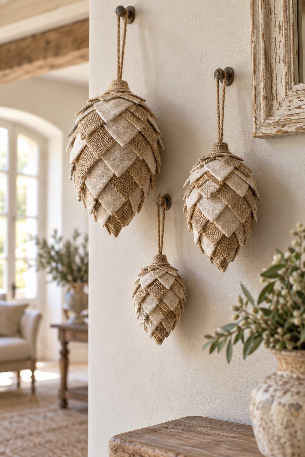 Trio de pommes de pin en tissu pli&eacute; align&eacute;es sur mur clair